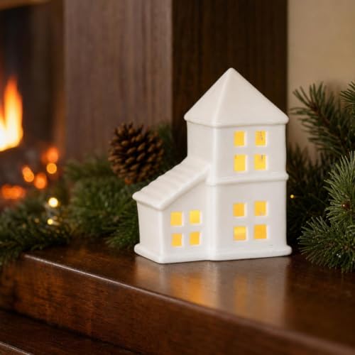 Ceramic Christmas Village Houses Set with LED Lights, Miniature Trees & Snow - G# / 1pcs