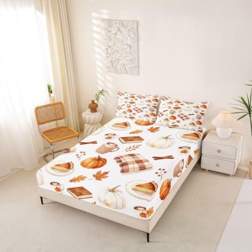 Orange Brown Kids Queen Fitted Sheet Set with Pillowcases - No Top Sheet
