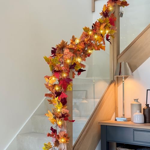 48FT Fall Leaf Garland with Lights - 8 Pack Autumn Decor for Halloween Thanksgiving