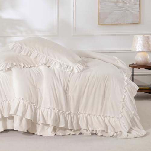 Beige Farmhouse Ruffle Comforter Set Full Size 3 Pieces - Shabby Chic Bedding