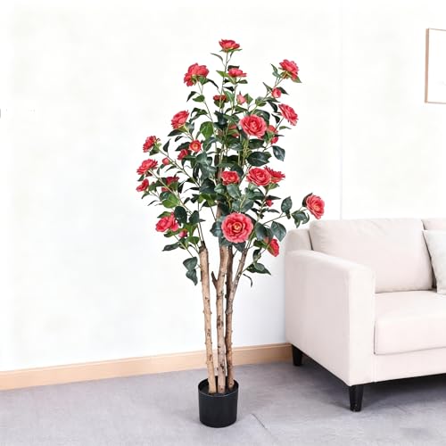 5ft Artificial Camellia Tree with Red Flowers - Potted Faux Indoor Outdoor Plant, Realistic Blooming Fake Tree, Home Decor