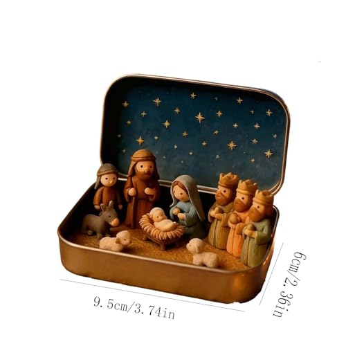 Mini Christmas Nativity Scene Set in Tin Box - Holy Family Figurines - 1PC