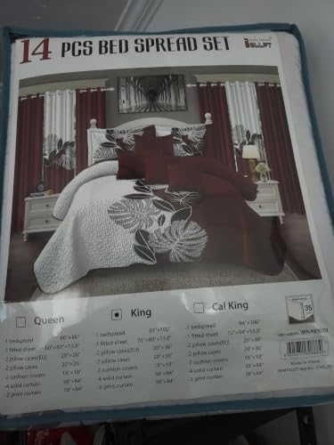 King Bedspread Set with Curtains - Burgundy, Black & White Tropical Design