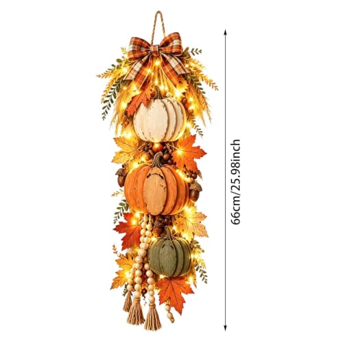Rustic Wooden Pumpkin Door Hanging Swag with Warm LED Lights - Orange - Fall Decor