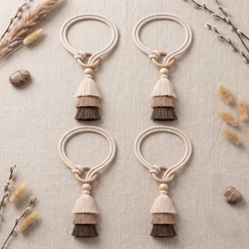 Cotton-Linen Curtain Tiebacks with Tassels - 3 Tone Layered 4 Pack - Natural Decor
