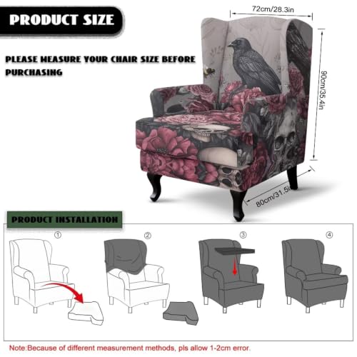 Gothic Raven Rose Wingback Armchair Cover - Stretch Slipcover for Dining Room