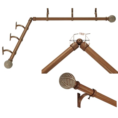 Dark Brown Wood Grain Bay Window Curtain Rods with Leaf Finials, 36-72 Inch Curved