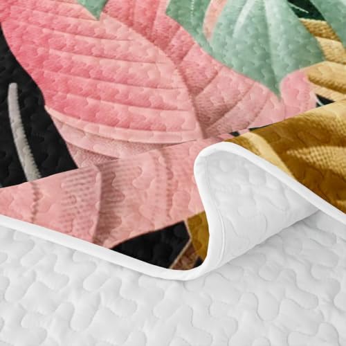 Castle Fairy Colorful Palm Leaf Quilt Set Queen Size Tropical Bedding with Pillow Shams - Green Pink Gold