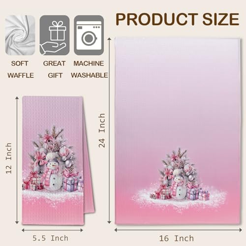 Pink Preppy Coquette Bow Christmas Snowman Kitchen Towels - Holiday Dish Hand Towels 16x24