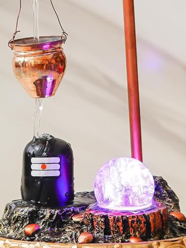 Indoor Water Fountain with LED Light Ball, Copper Pot & Gold Base – Tabletop Decor