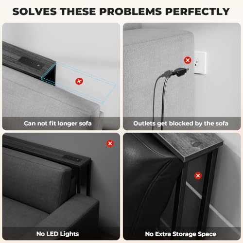 78.7-Inch Long Behind Couch Table with RGB Lights, Outlets & Bookcase - Narrow Space