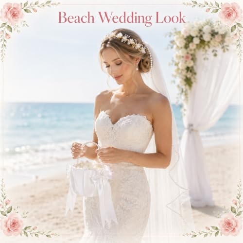 Wedding Flower Girl Basket with Pearl Handle & Headpiece Ivory Set