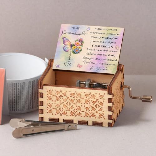 Personalized Granddaughter Music Box - Birth Month Butterfly Keepsake from Grandma, Custom Engraved Gift for Adult