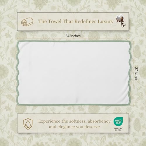 Sage Green Piping Monogrammed Bath Towels Set of 2 - Scallop Edged Cotton