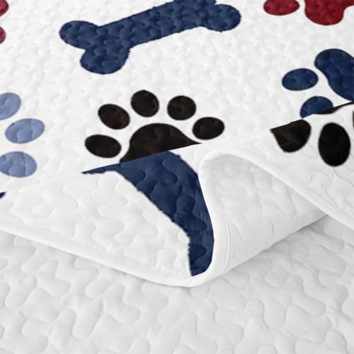 Navy Blue Brown Full Size Cartoon Paw Print Quilt Bedspread Set with Pillowcases