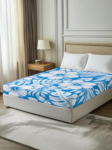 King Flat Sheet Hibiscus Flowers Blue Tropical Monstera Leaves Microfiber Bedding