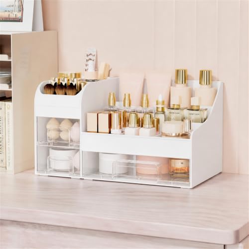 Extra Large Makeup Organizer with 3 Drawers & Brush Holder - White Clear Variation