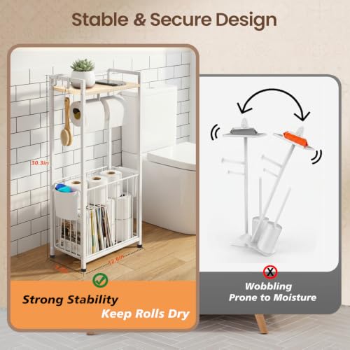 Freestanding Toilet Paper Holder Stand with Hooks & Storage - White