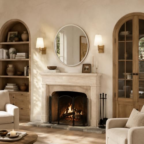 WallBeyond 36 Inch Linen-Texture Round Mirror for Bathroom & Bedroom - White Finish