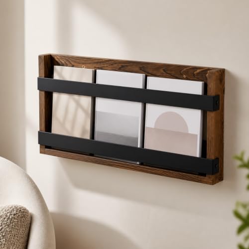 Burnt Wooden Wall Mount Magazine Rack - Industrial Storage for Home Office