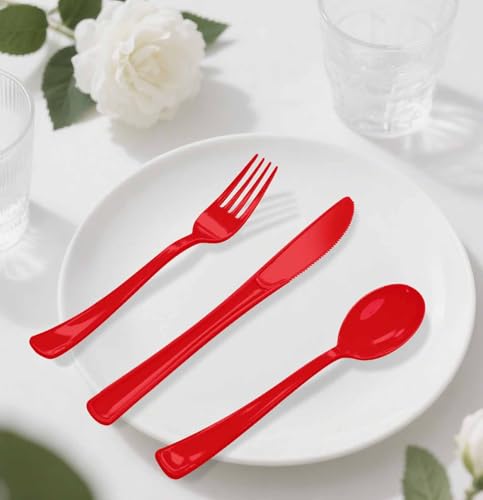 Red Disposable Cutlery Set - Heavy Duty Plastic Knives Forks Spoons for Parties
