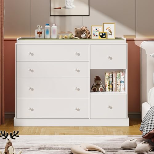 Kids Dresser Cabinet with 6 Drawers and Changing Table - Nursery Furniture, White