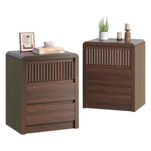 Nightstand Set of 2 Walnut Fluted End Tables with 3 Drawers - 20 Inch Mid-Century Living Room Bed Side Tables