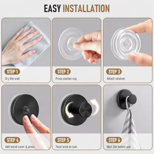 Black Suction Cup Hooks for Shower Bathroom 4-Pack - No Drill, Reusable