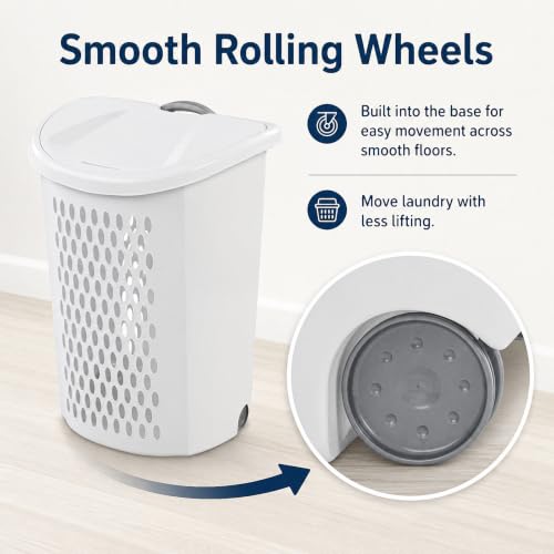 135L White Wheeled Plastic Laundry Hamper with Lid - Large Capacity, Portable
