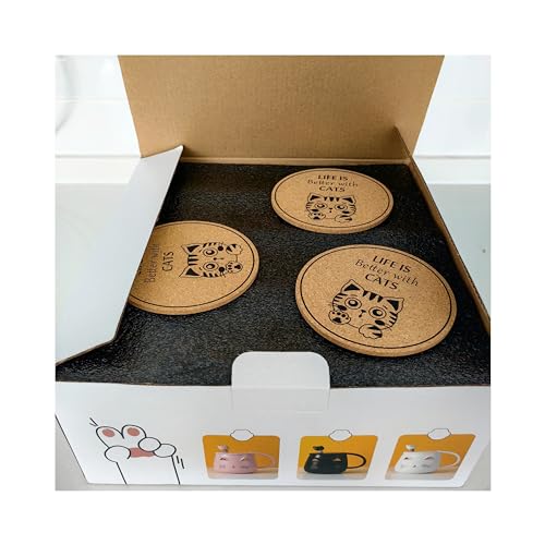 Cat Mug Set of 3 with Lids, Spoons & Coasters - Black, White, Pink