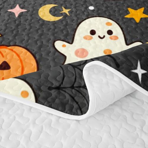 Ghost Boo Queen Size Halloween Quilt Set - Pumpkin Lantern & Skeleton Bedding