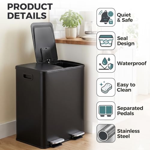 Dual Stainless Steel Kitchen Trash Can 13.2 Gallon with Soft Close Lid