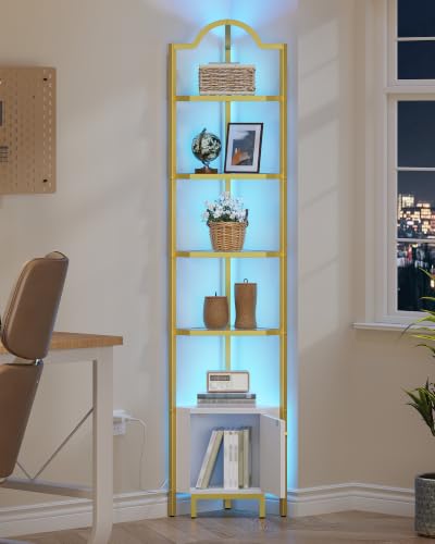 Corner Cabinet with LED Light and Glass Shelves for Living Room