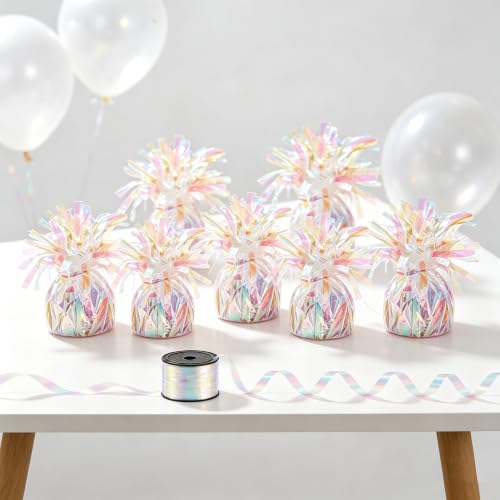 6 Pack Iridescent Metallic Balloon Weights with Curling Ribbon - Party Decorations
