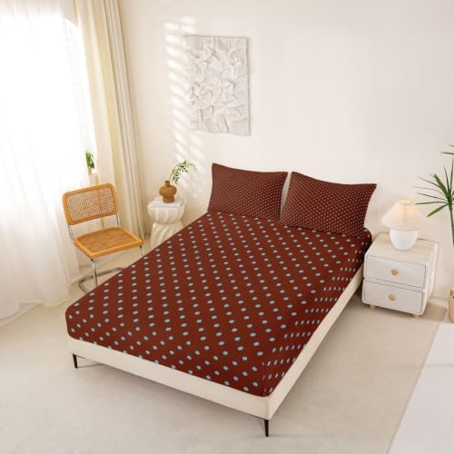 Kids Full Size Fitted Sheet Set Blue Brown Geometric Polka Dot Bedding - 2 Pillowcases