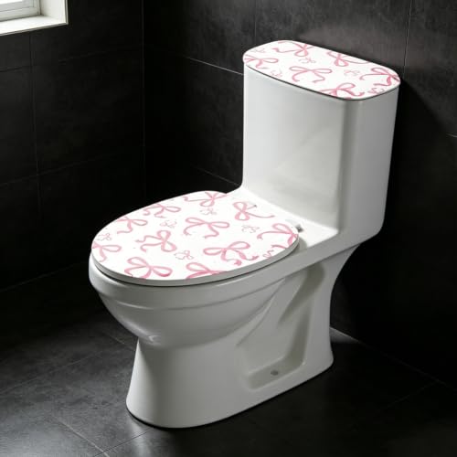 Pink Bow Toilet Lid Cover and Tank Cover Set - Stretch Fabric Bathroom Decor - Fits Round, Elongated & Oblong Toilets - 2 Pieces