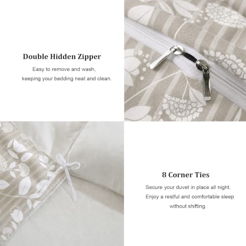 Queen Size Floral Comforter Set 3 Pieces Cotton Bedding - Beige Leaf Stripe