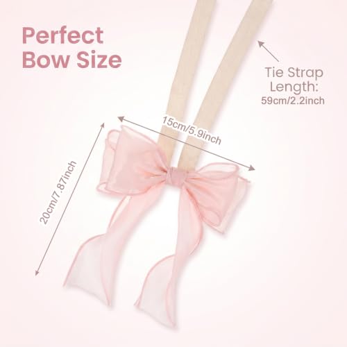 Pink Silky Bow Curtain Tiebacks with Lace - No Tools Needed, Set of 4