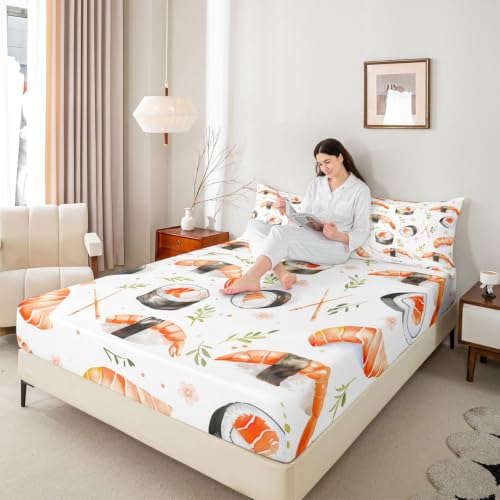 Kids Full Size Sushi Fitted Sheet Set Cartoon Salmon Watercolor Design - 3 Pcs