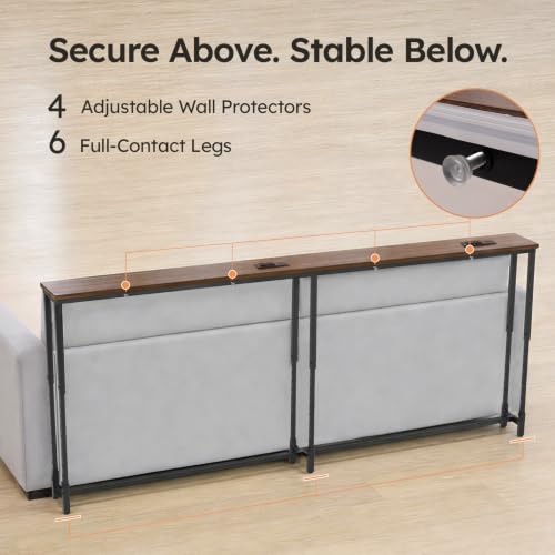 102.4-Inch Walnut Sofa Table with Charging Stations & LED Lighting - Adjustable Height
