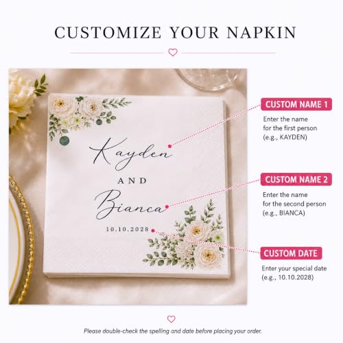 Personalized Wedding Cocktail Napkins PN1 - Wildflower Floral Custom Bridesmaid Beverage Papers, 4.8" & 6.5", Pack 50-1000
