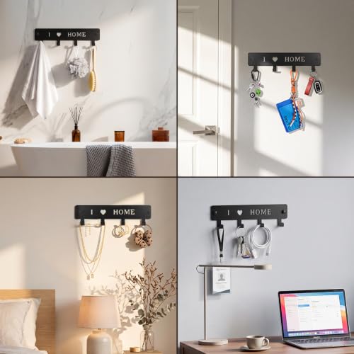 4-Hook Metal Wall Mount Key Holder with Self-Adhesive Back - Black, 9.45 Inches