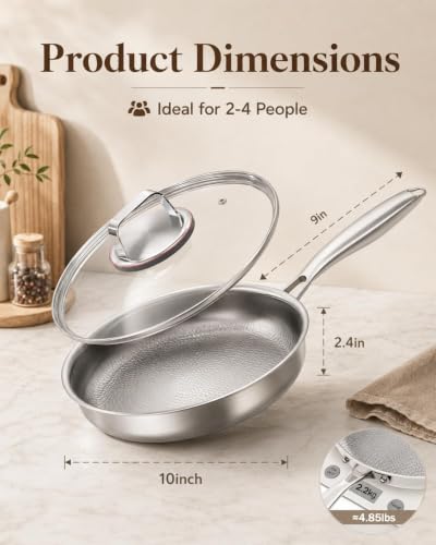 10-Inch Titanium Frying Pan with Lid - Non-Toxic, Hammered Chef-Grade Skillet