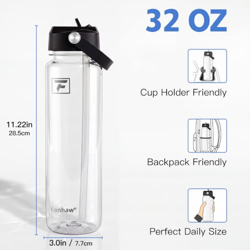 Fanhaw 32oz Clear Plastic Water Bottle with Flip Straw Lid & Black Accents