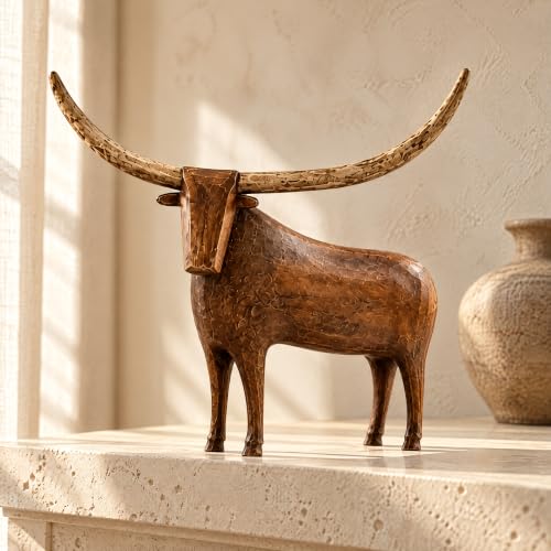 Rustic Longhorn Bull Sculpture - Hand-Carved Farmhouse Animal Figurine