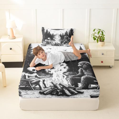 Kids Twin Size Fitted Sheet Set with Pillowcase - Space UFO Design, Deep Pockets, No Flat Sheet, Variations TWIN Bigfoot 04