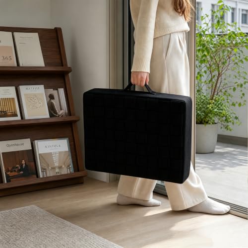 Black Square Floor Pillow Cushion with Velvet Cover and Handle - 18x18x4 Inch