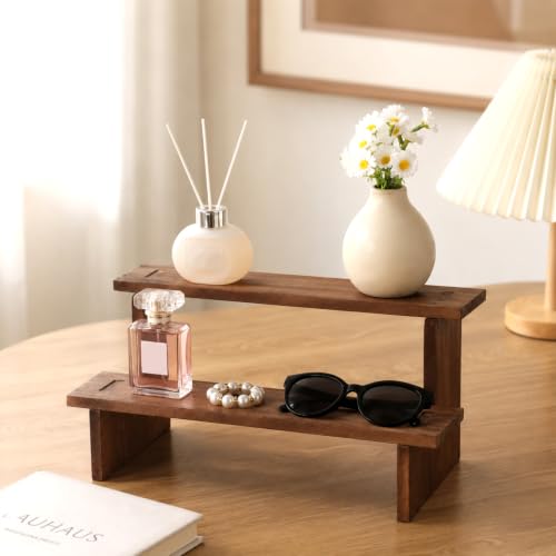 Wooden Display Riser Shelf 2-Tier Rustic Rectangle Stand 5x12x5.4 Inch