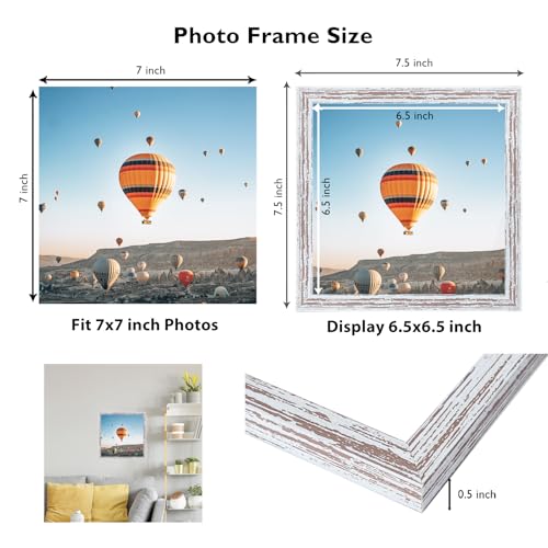 JCJMY 7x7 Picture Frame Rustic White for Wall Hanging or Tabletop, Wall Mounting Horizontally or Vertically, 7 x 7 Square Wall Gallery Poster Photo Frame with Shatter Resistant Plexiglass, Rustic White