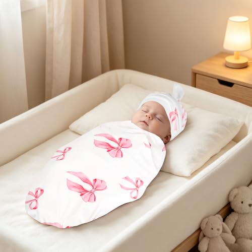 Baby Girl Swaddle Blanket Set with Headband and Beanie - Pink Bows, 30x30 Inches, Soft & Stretchy Newborn Receiving Set
